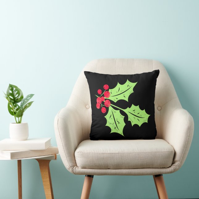 Watercolor Holly Leaves and Berries Throw Pillow (Chair)