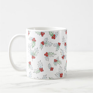 Watercolor Holly Leaves and Red Berries Christmas Coffee Mug