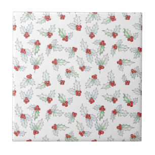 Watercolor Holly Leaves and Red Berries  Tile