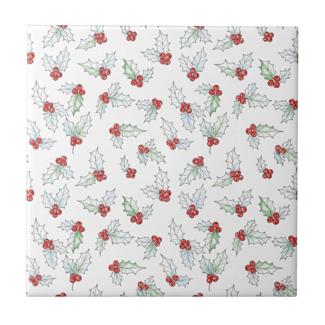 Watercolor Holly Leaves and Red Berries  Tile (Front)