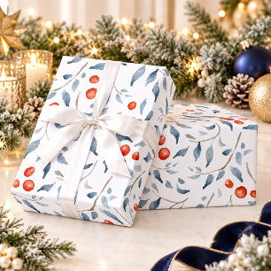 Watercolor Holly Leaves Merry Christmas Wrapping Paper