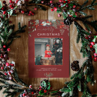 Watercolor Holly Merry Christmas Photo Burgundy