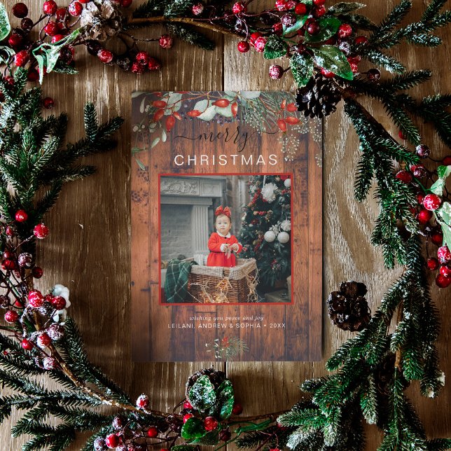 Watercolor Holly Merry Christmas Photo Cherry Wood Holiday Card (You will love these beautiful Christmas cards! They feature botanical watercolor pine and berries.)