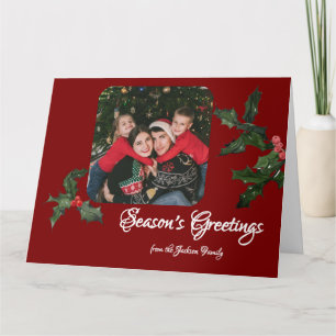 Watercolor Holly on Deep Red Photo Christmas Card