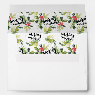 Watercolor Holly Pattern Merry Christmas White Envelope