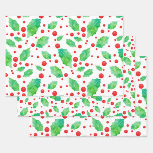 Watercolor Holly Pattern  Wrapping Paper Sheet