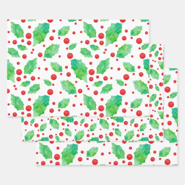 Watercolor Holly Pattern  Wrapping Paper Sheet (Set)