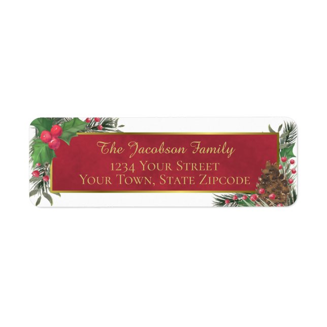 Watercolor Holly & Pine Holiday Return Address (Front)