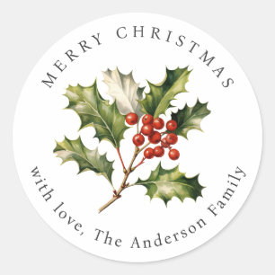 Watercolor Holly Red Berries Christmas Holiday Classic Round Sticker