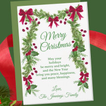Watercolor Holly Red Bow Personalized Christmas