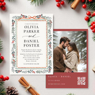 Watercolor Holly Red Bow Photo Christmas Wedding Invitation