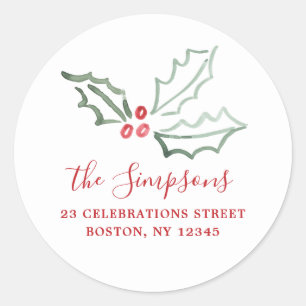 Watercolor Holly Script Return Address White Red Classic Round Sticker