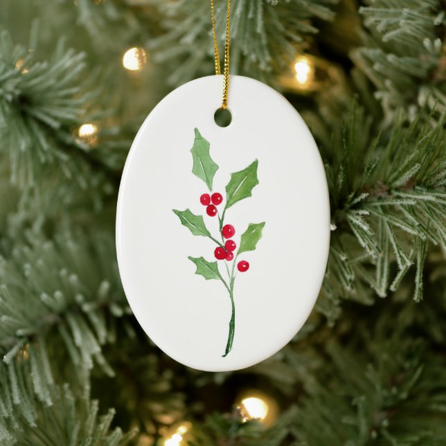 Watercolor Holly Sprig  Ceramic Ornament (Tree)