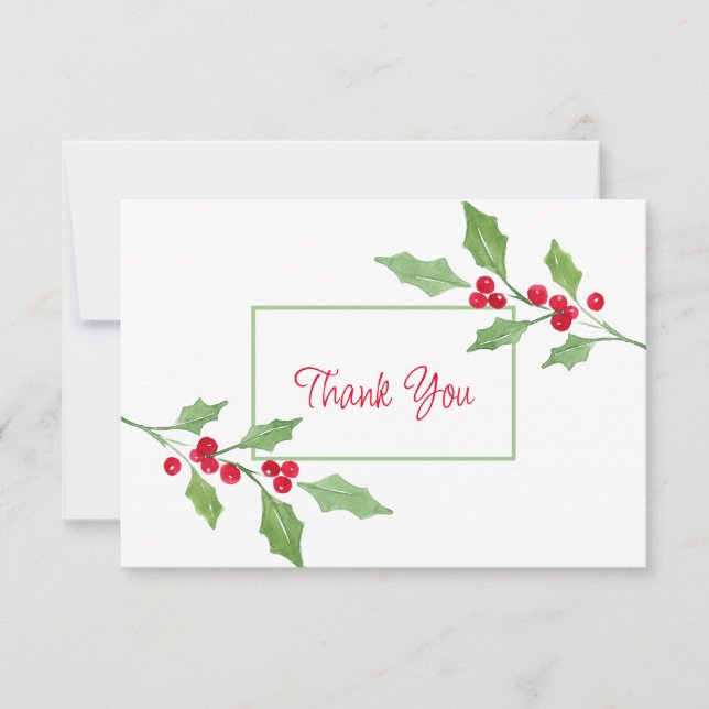 Watercolor Holly Sprig   Thank You Card (Front)