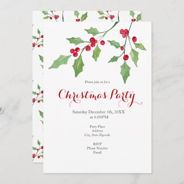 Watercolor Holly Sprigs and Pattern Invitation (Front/Back)
