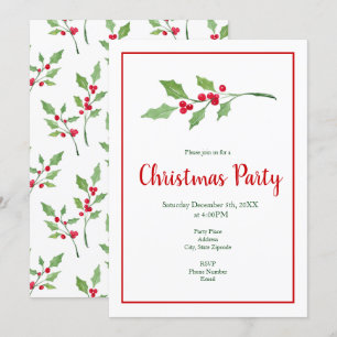 Watercolor Holly Sprigs and Pattern Invitation