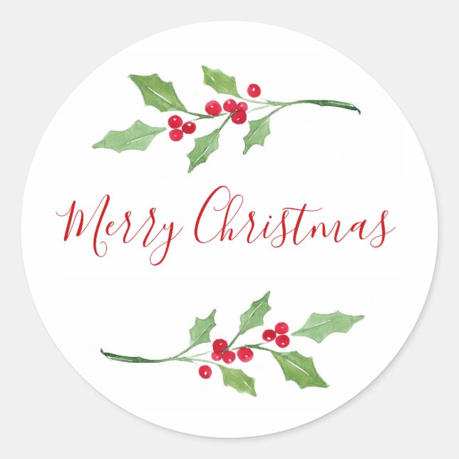 Watercolor Holly Sprigs   Classic Round Sticker (Front)