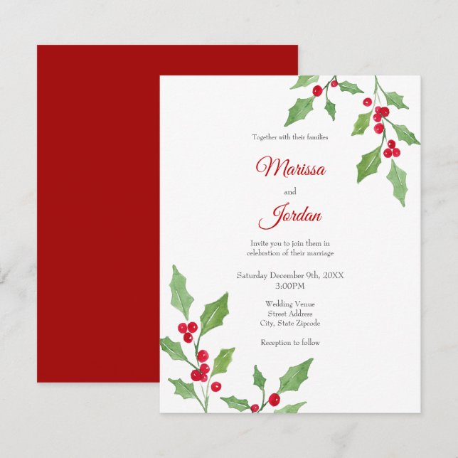 Watercolor Holly Sprigs Invitation (Front/Back)