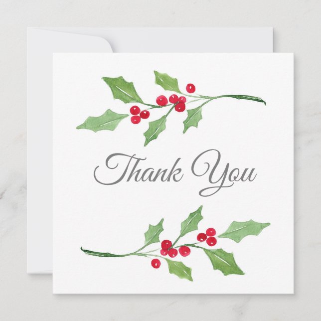 Watercolor Holly Sprigs Thank You Card (Front)