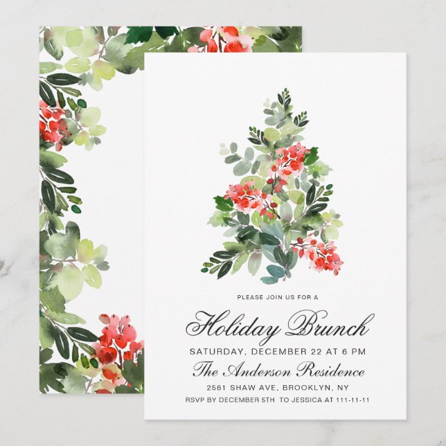 Watercolor Holly Tree Christmas Holiday Brunch Invitation (Front/Back)