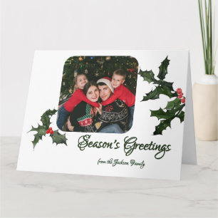 Watercolor Holly with Berries Photo Christmas Card