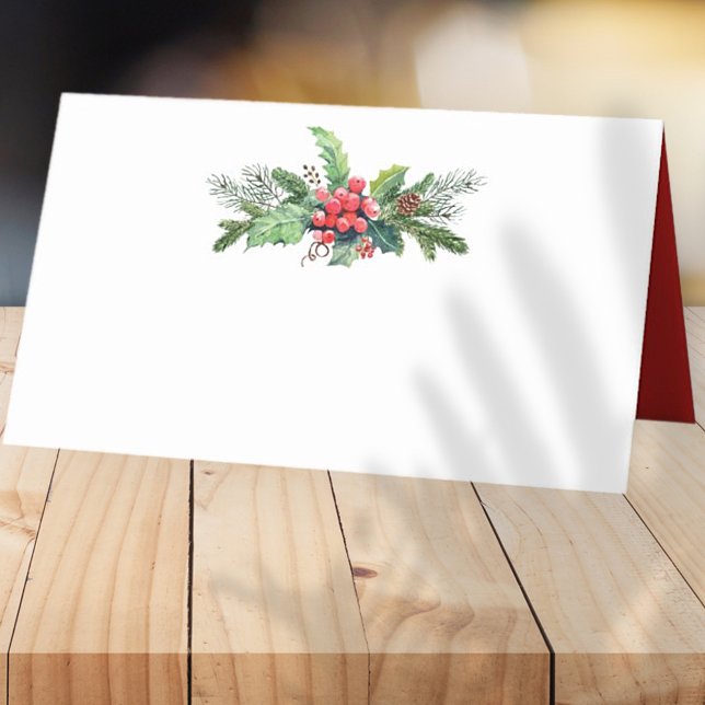 Watercolor Holly with Pine and Berry | Holiday Place Card (Creator Uploaded)