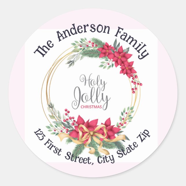 Watercolor Holly Wreath Christmas Custom  Classic Round Sticker (Front)