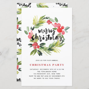 Watercolor Holly Wreath Christmas Party Invitation