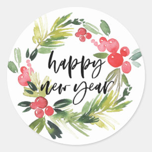 Watercolor Holly Wreath Happy New Year 2018 Classic Round Sticker