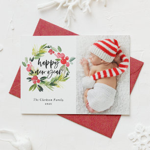 Watercolor Holly Wreath Happy New Year 2025 Photo Holiday Card