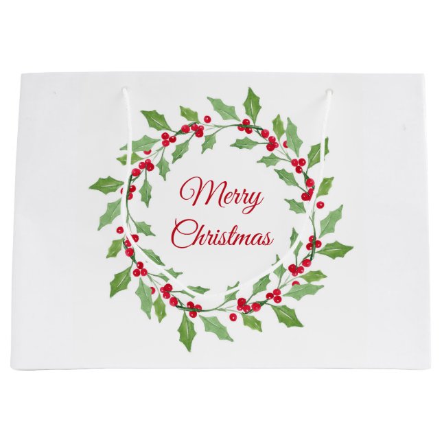 Watercolor Holly Wreath  Large Gift Bag (Front)