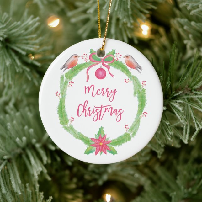 Watercolor Holly Wreath "Merry Christmas" Ceramic Ornament (Tree)