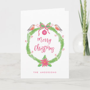 Watercolor Holly Wreath Merry Christmas Customized Holiday Card