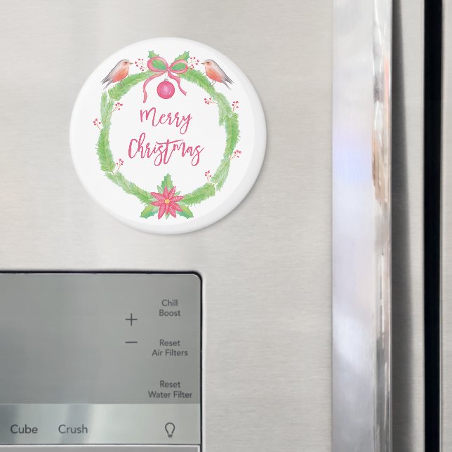 Watercolor Holly Wreath "Merry Christmas" Magnet (In Situ (Fridge))