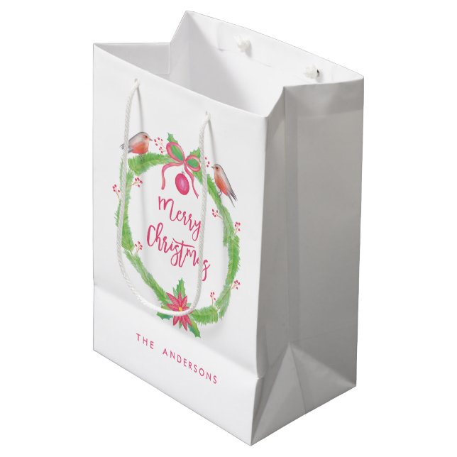 Watercolor Holly Wreath "Merry Christmas" Medium Gift Bag (Front Angled)