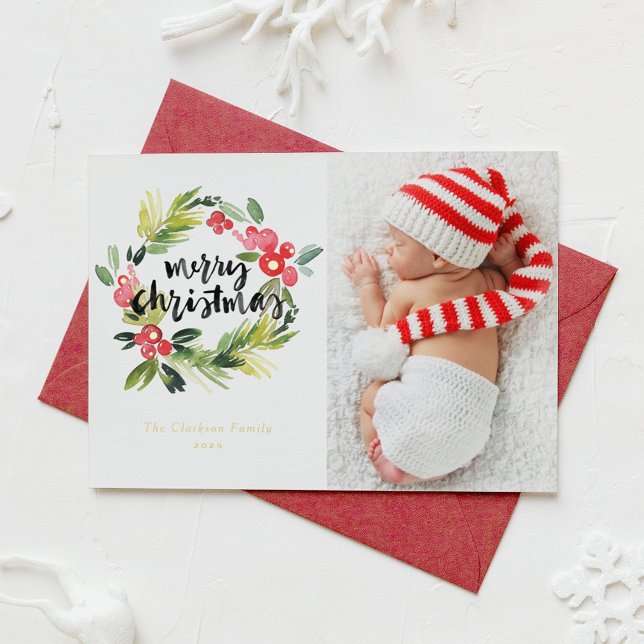 Watercolor Holly Wreath Merry Christmas Photo Foil Holiday Card (Creator Uploaded)