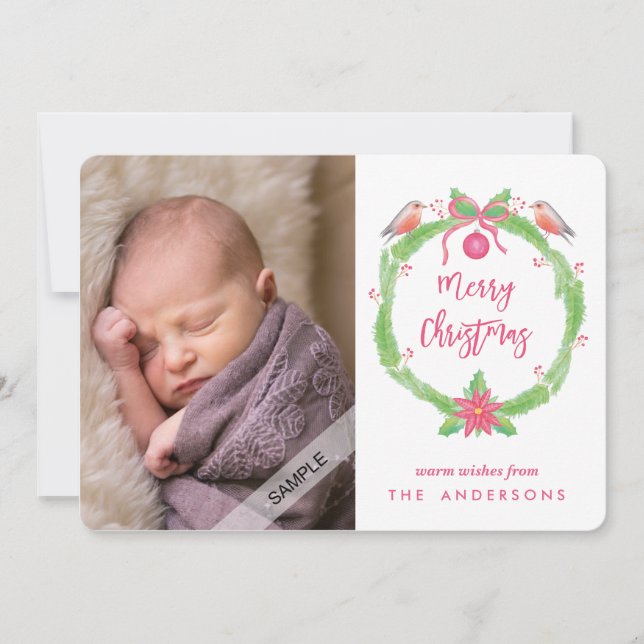 Watercolor Holly Wreath "Merry Christmas + Photo Holiday Card (Front)