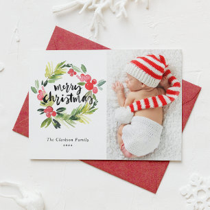 Watercolor Holly Wreath Merry Christmas Photo Holiday Card