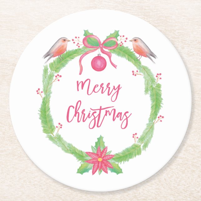 Watercolor Holly Wreath "Merry Christmas" Round Paper Coaster (Front)