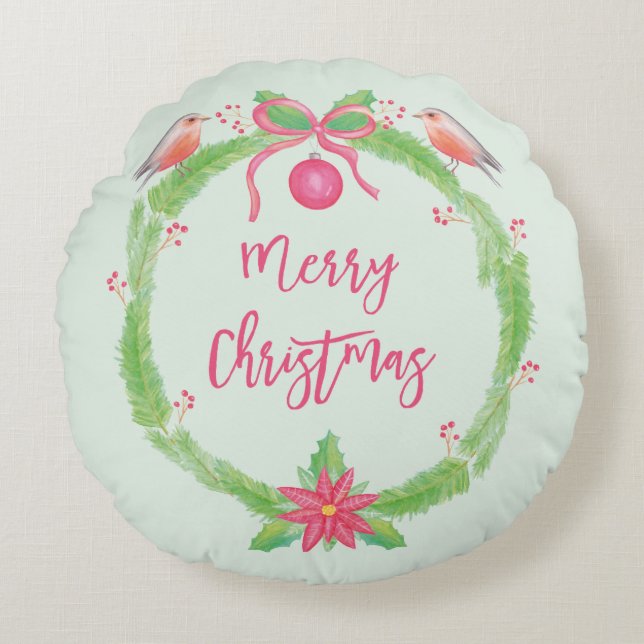 Watercolor Holly Wreath Merry Christmas Round Pillow (Front)