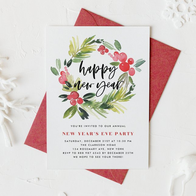 Watercolor Holly Wreath New Year's Eve Party Invitation (Creator Uploaded)