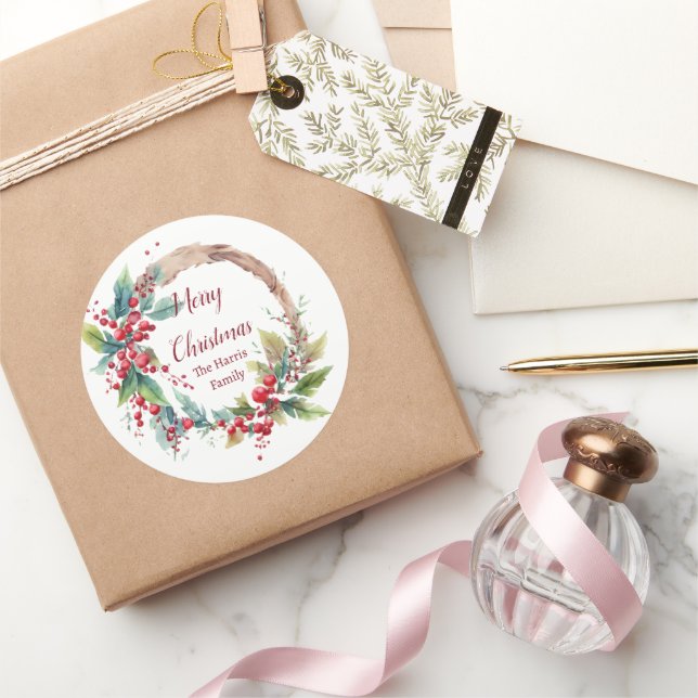 Watercolor holly wreath personalized Christmas Classic Round Sticker (Gifting)