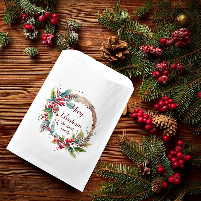 Watercolor holly wreath personalized Christmas Favour Bag (Creator Uploaded)