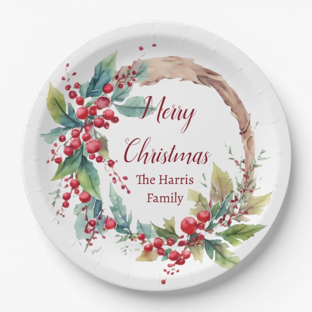 Watercolor holly wreath personalized Christmas Paper Plate (Front)