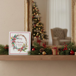 Watercolor holly wreath personalized Christmas Plaque