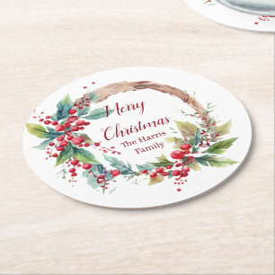 Watercolor holly wreath personalized Christmas Round Paper Coaster