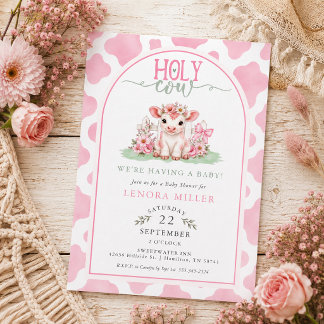 Watercolor Holy Cow Pink Cowprint Girl Baby Shower Invitation
