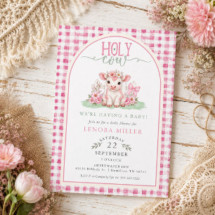 Watercolor Holy Cow Pink Gingham Girl Baby Shower Invitation