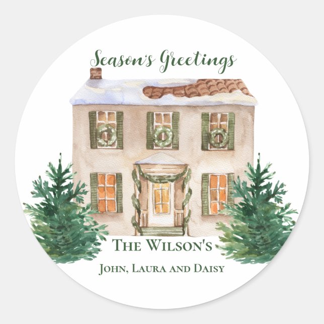 Watercolor Home Pine Season's Greetings Custom   Classic Round Sticker (Front)