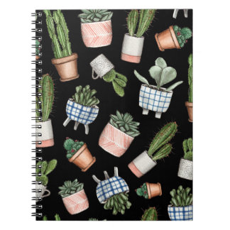 Watercolor Home Plants Black Seamless Notebook